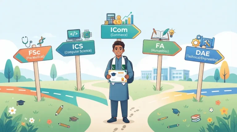 Student choosing between FSc, ICS, ICom, FA, and DAE after matric result 2026